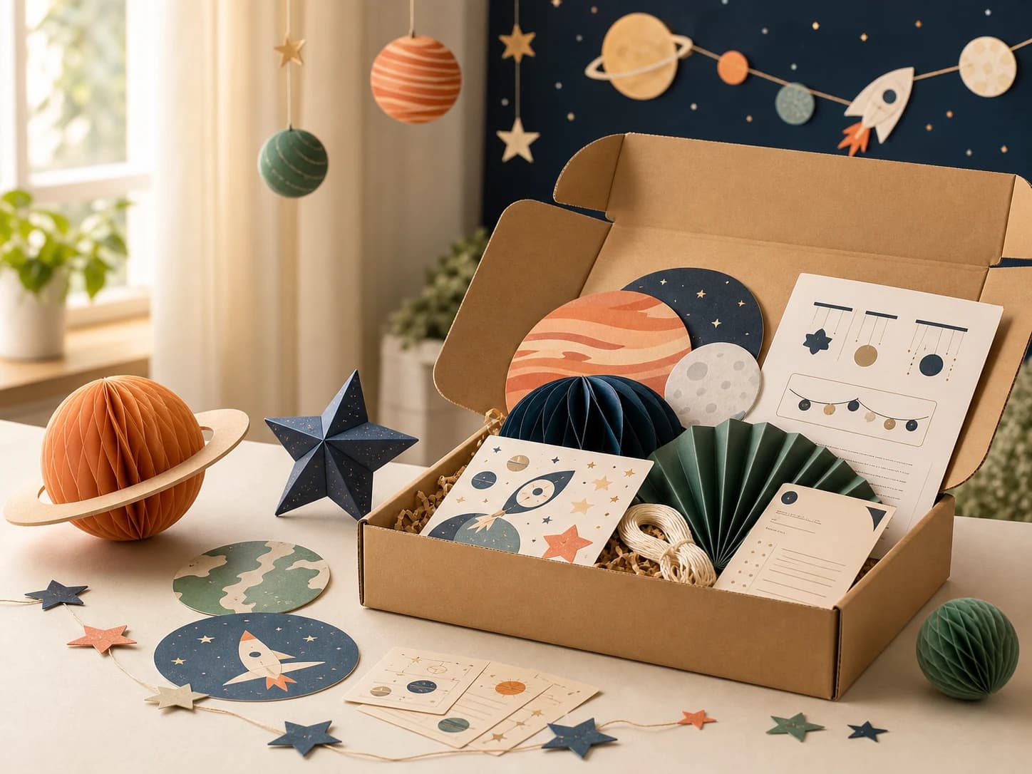 An open Space Explorer Bashbox with paper planets, rocket activity cards, star decorations, instructions, and party setup pieces on a home table.